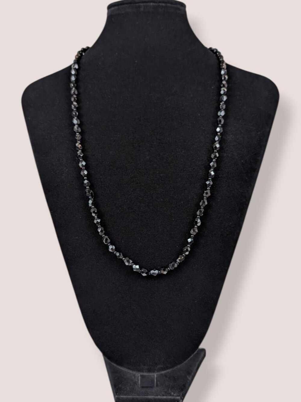 Vintage Faceted 6mm Black Glass Beaded Necklace